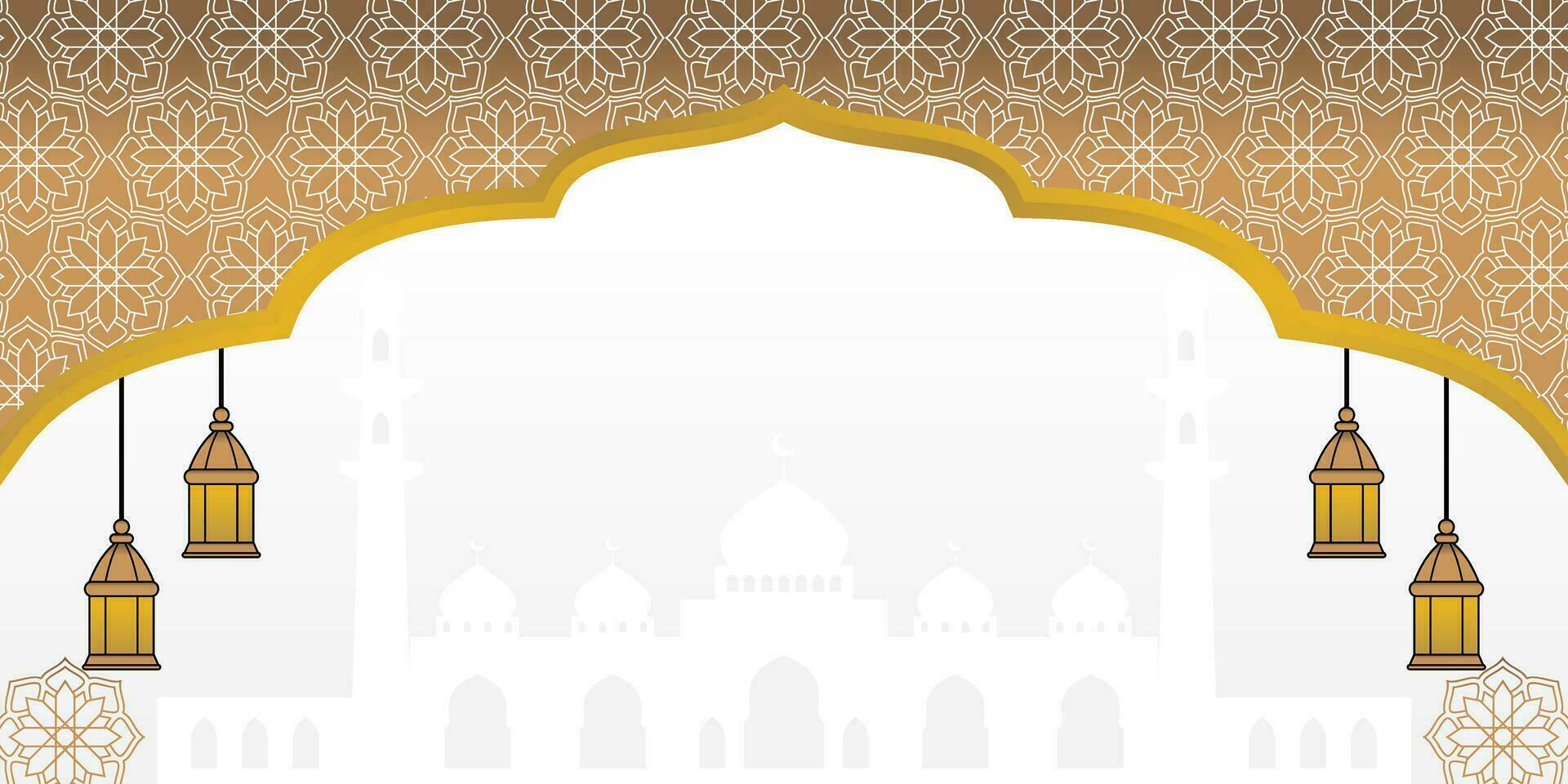 Gold Islamic background, with lantern ornament, mandala and mosque silhouette. vector template for banner, greeting card for Islamic holidays, eid al-fitr, ramadan, eid al-adha