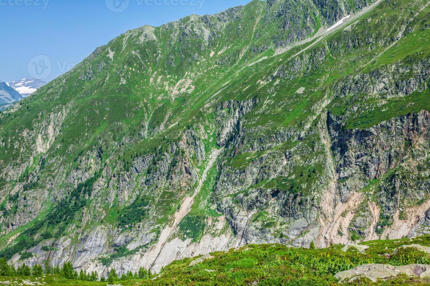 Hiking to Argentiere glacier with the view on the massif des Aiguilles Rouges in French Alps photo