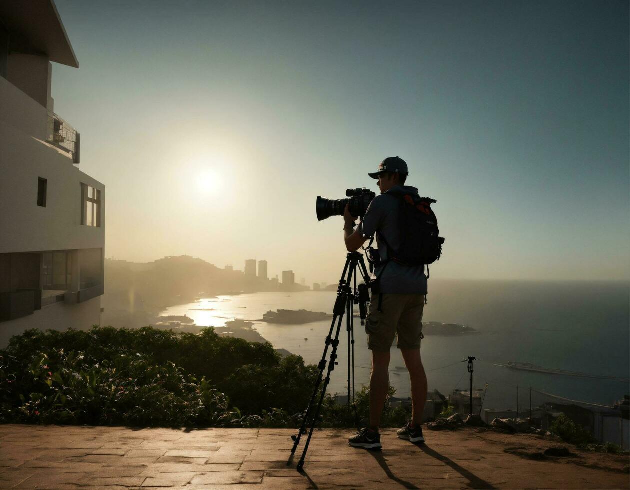 AI generated Travel blogger in straw hat young handsome guy recording trip vlog on camera inviting to join him by Ai generator photo