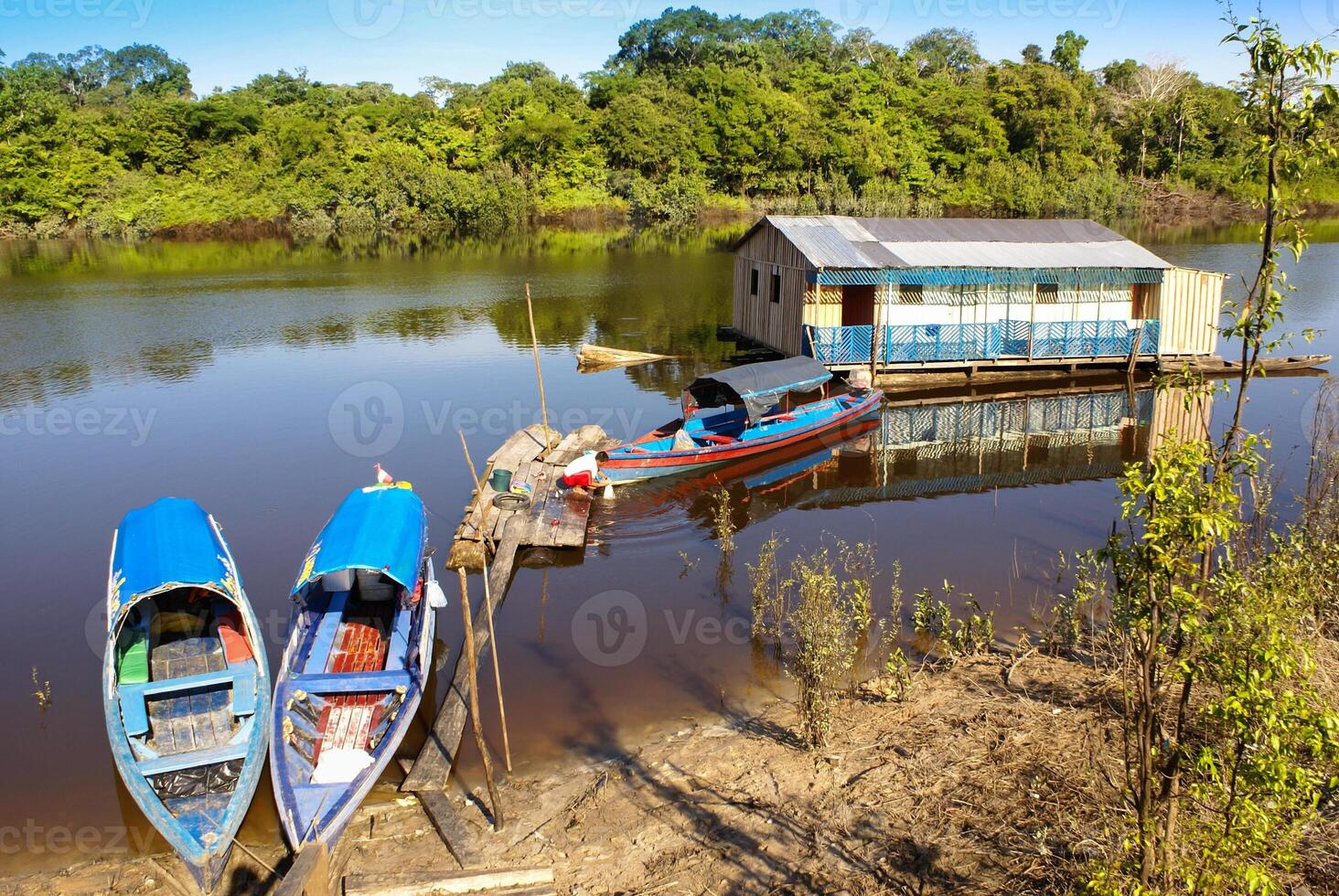 Houses on stilts rise above the polluted water in Islandia Peru photo