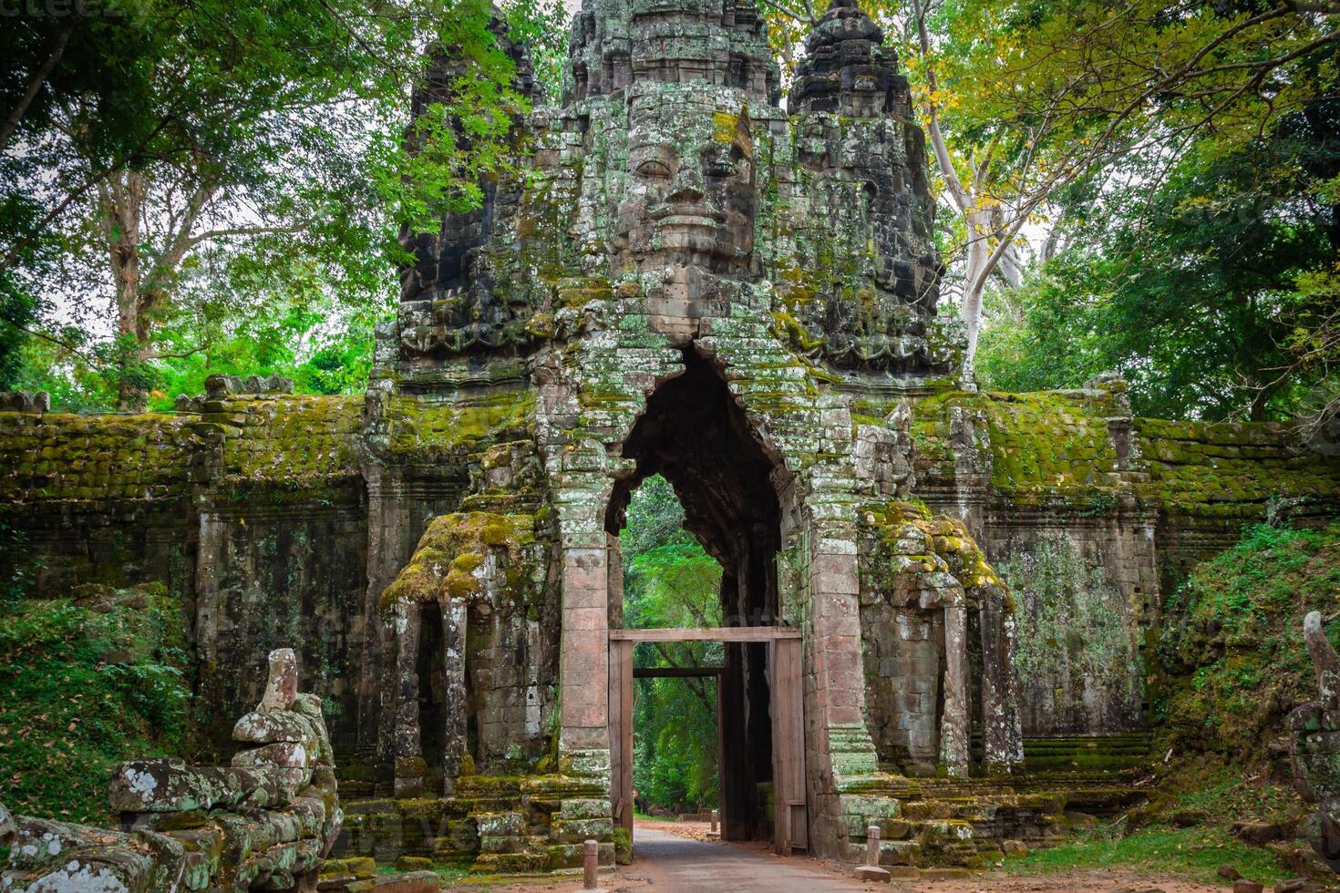 Ancient Khmer architecture. Amazing view of Bayon temple at sunset. Angkor Wat complex, Siem Reap, Cambodia travel destinations photo