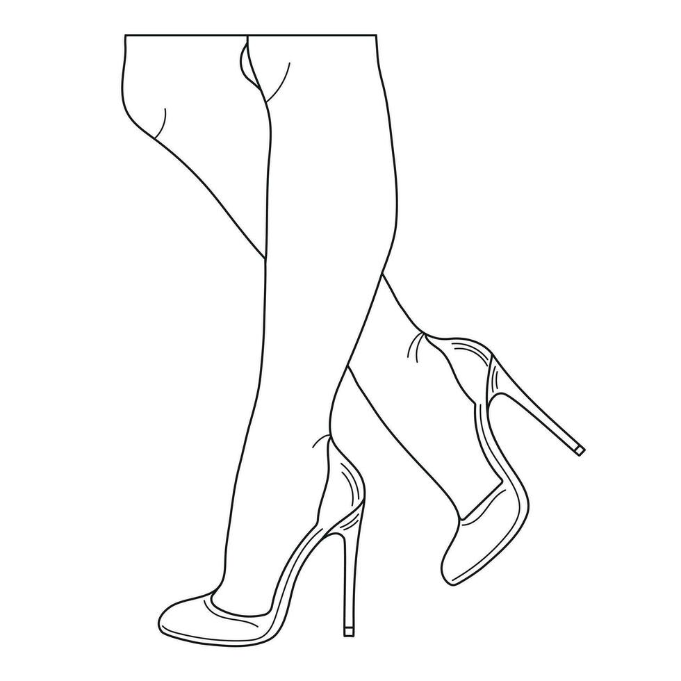 dibujo bosquejo contorno silueta de hembra piernas en un pose. Zapatos tacones de aguja, alto tacones vector