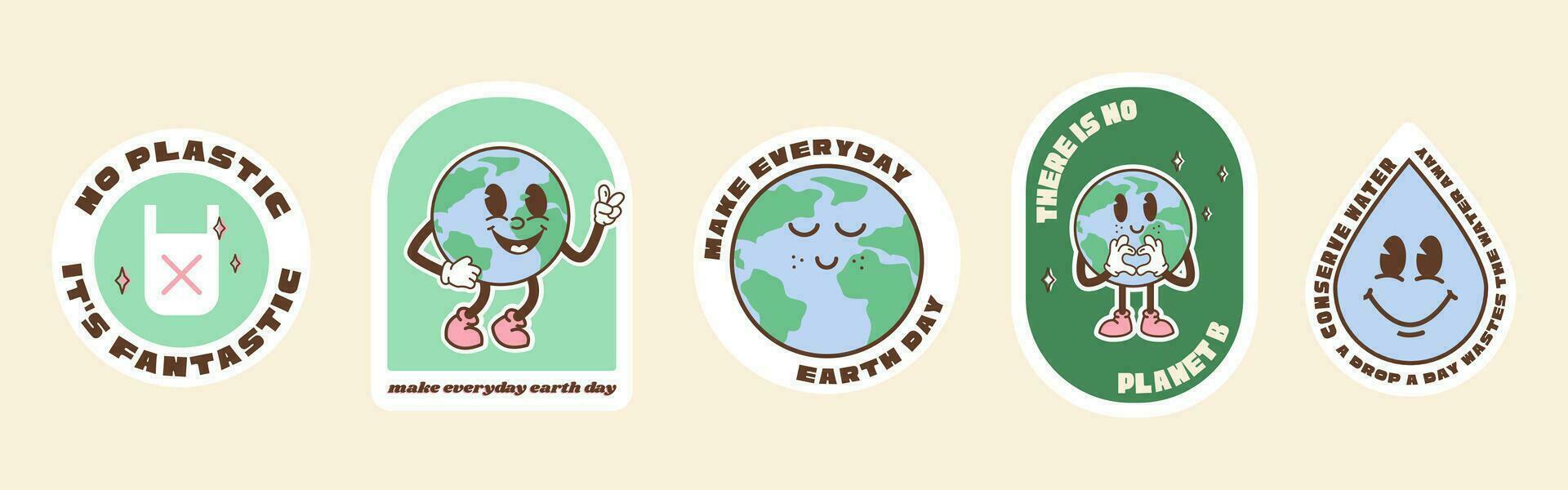 Save the planet stickers in trendy retro cartoon style. Sticker pack for Earth or World Environment Day. Funny vector illustration of planet Earth, globe with smiling face. Eco green labels or badges.