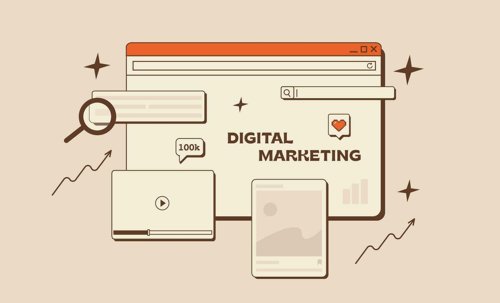 Digital Marketing concept in trendy retro style. Old computer interface with browser window, search bar, social media app and multimedia player. SEO analysis, SMM, web development. Vector illustration