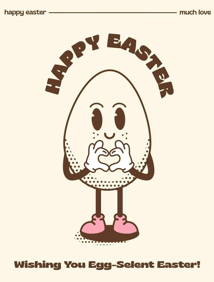 Happy Easter greeting card or poster with vintage typography. Funky retro Easter Egg with love hand gesture. Cute outline mascot character with halftone shadow for spring holiday. Vector illustration.