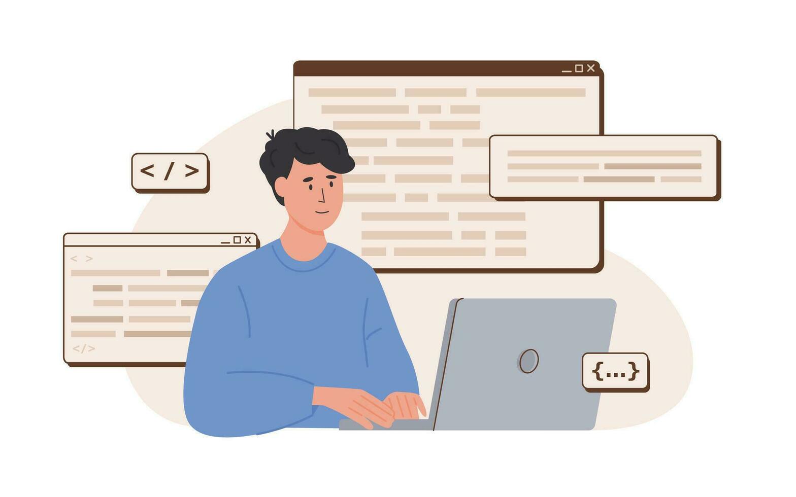 Programmer working on web development in php, python, javascript on virtual computer screen. Software engineering and script coding concept. Software developers. Flat vector isolated illustration.