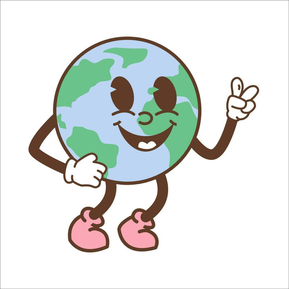 Earth character in trendy retro cartoon style. Funny globe with smiling jolly face. Vintage planet mascot with arms and legs. Environmental eco green life print concept. Vector flat illustration.