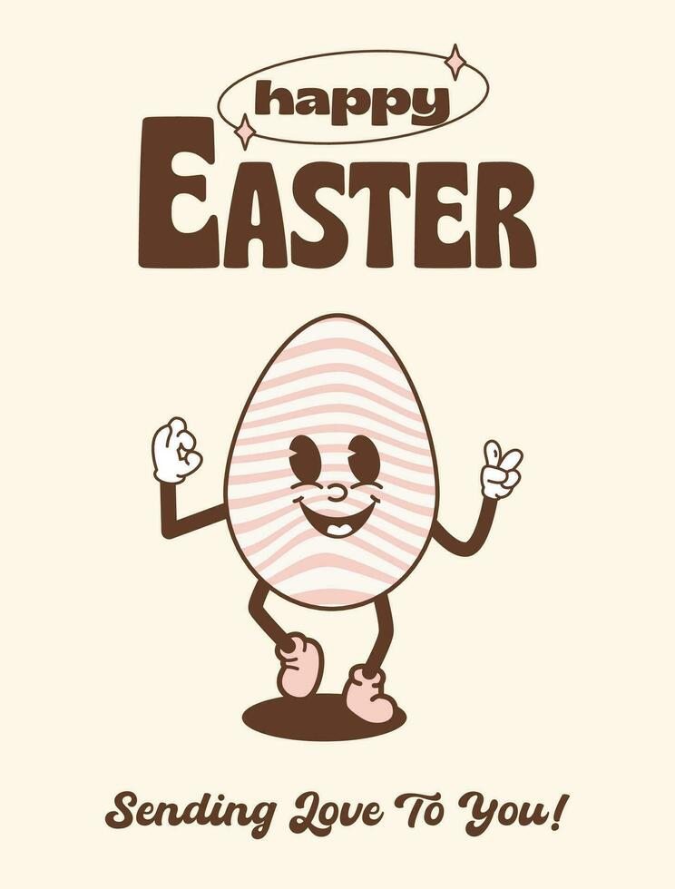 Funky retro Easter Egg smiling and showing peace sign. Happy Easter holiday greeting card or poster in vintage hippie style. Quirky outline mascot character with groovy pattern. Vector illustration.