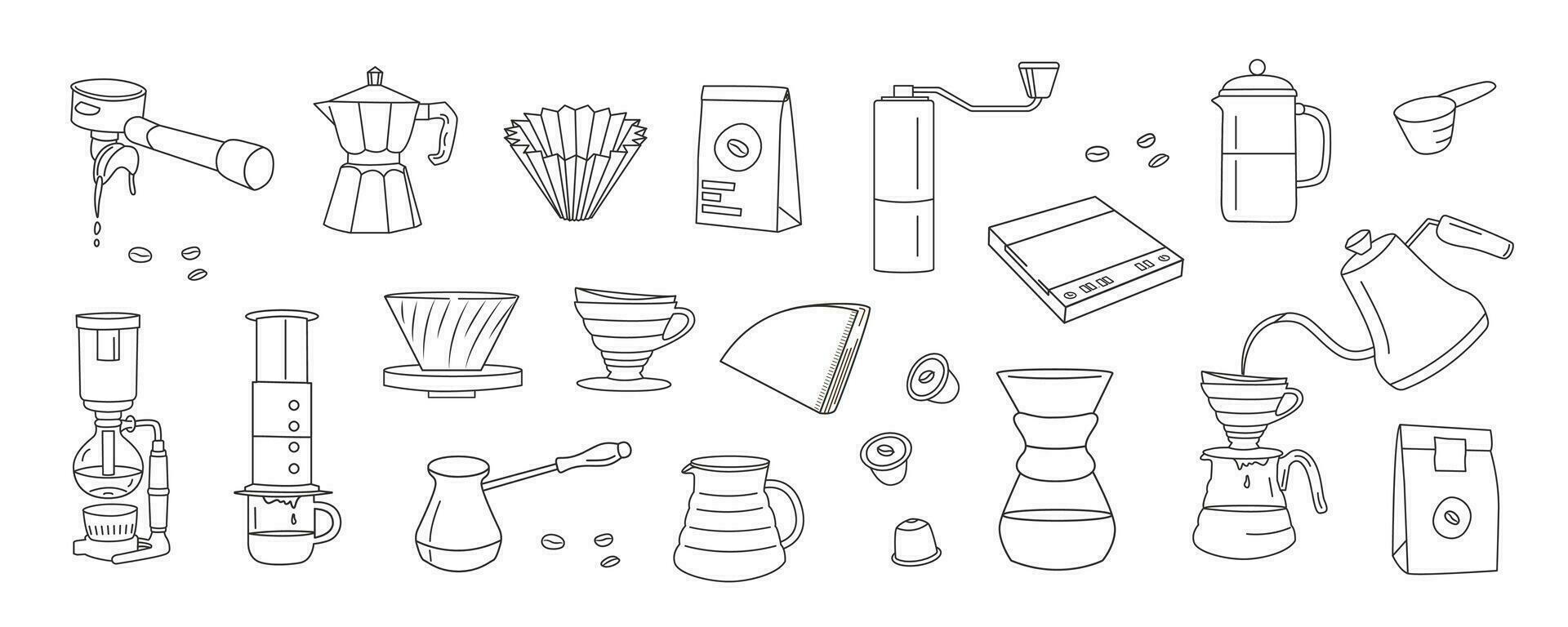 Manual alternative coffee brewing methods and tools hand drawn doodle style icons. Set of coffee utensils outline thin line graphics. Vector flat style isolated elements for cafe, menu, coffee shop.