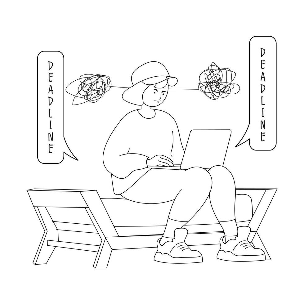 Black and white illustration of a content creator worker who is having a headache because he is chasing a deadline vector