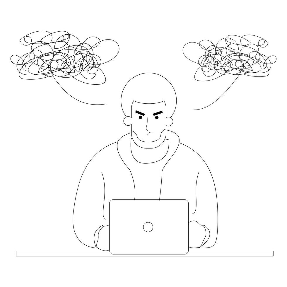 Black and white illustration of a content creator worker who is having a headache because he is chasing a deadline vector