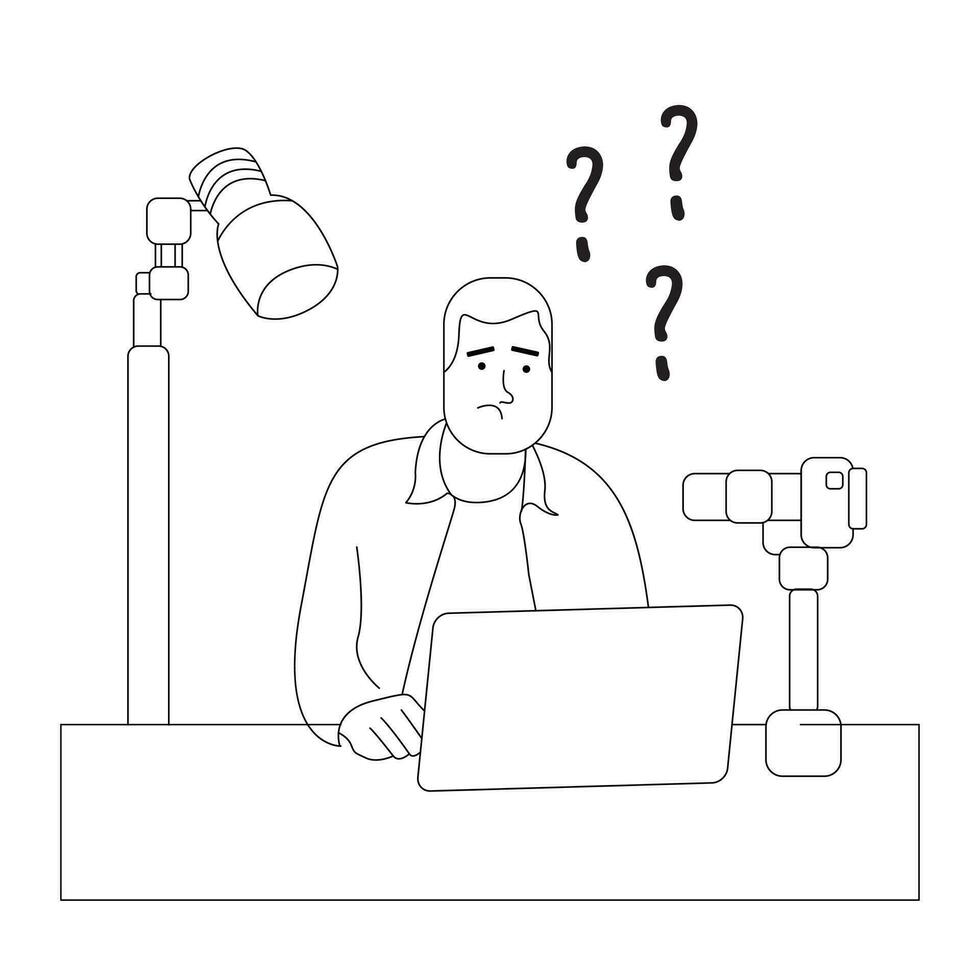 Black and white illustration of a content creation worker who is confused while working vector