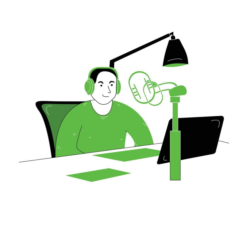 flat illustration of a content creation worker doing a podcast vector