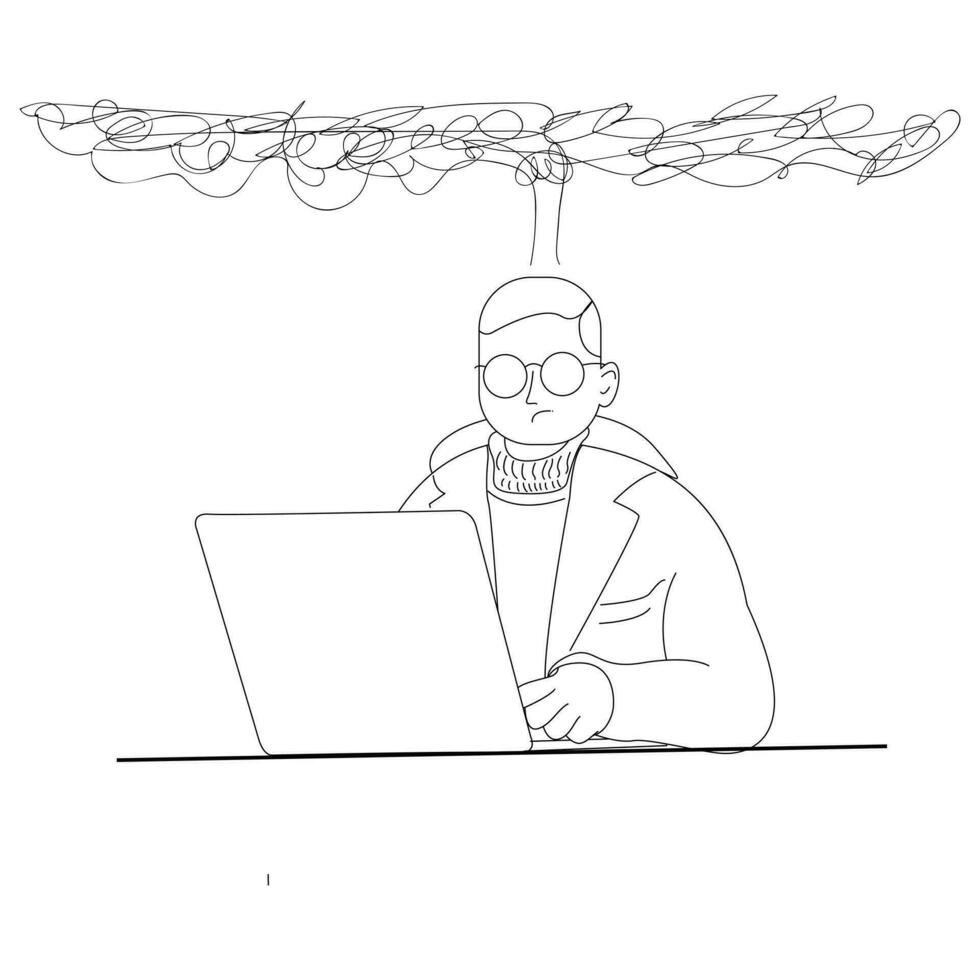 Black and white illustration of a content creator worker who is having a headache because he is chasing a deadline vector