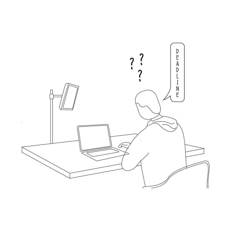 Black and white illustration of a content creation worker who is confused while working vector