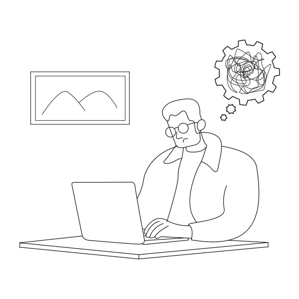 Black and white illustration of a content creator worker who is having a headache because he is chasing a deadline vector