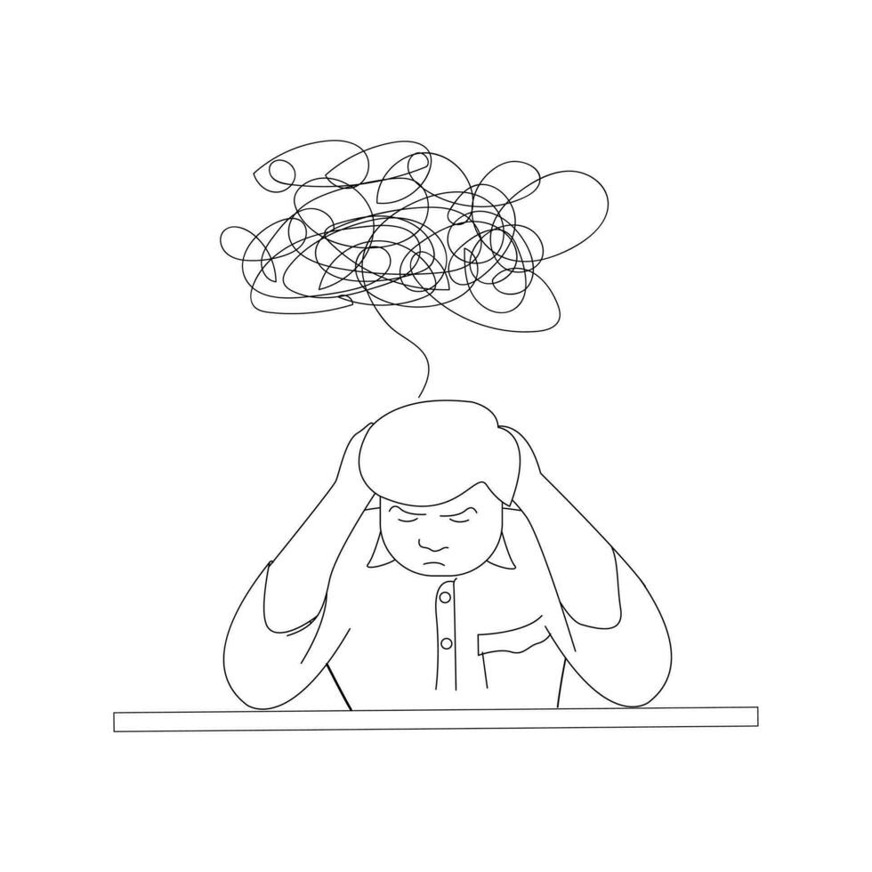 Black and white illustration of a content creator worker who is having a headache because he is chasing a deadline vector