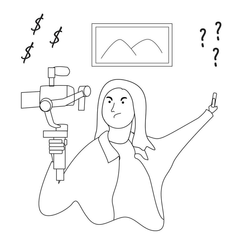 Black and white illustration of a content creator worker who is having a headache because he is chasing a deadline vector