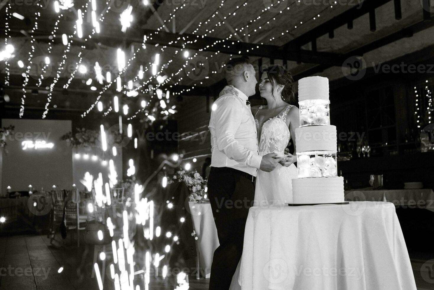 newlyweds happily cut and taste the wedding cake photo
