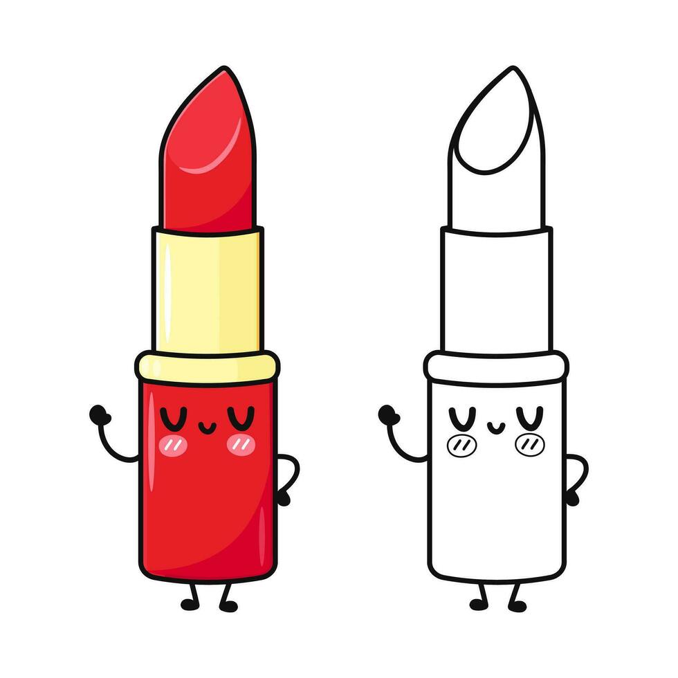 Funny cute happy Red lipstick characters bundle set. Vector hand drawn cartoon kawaii character illustration icon. Cute Red lipstick. Outline cartoon illustration for coloring book