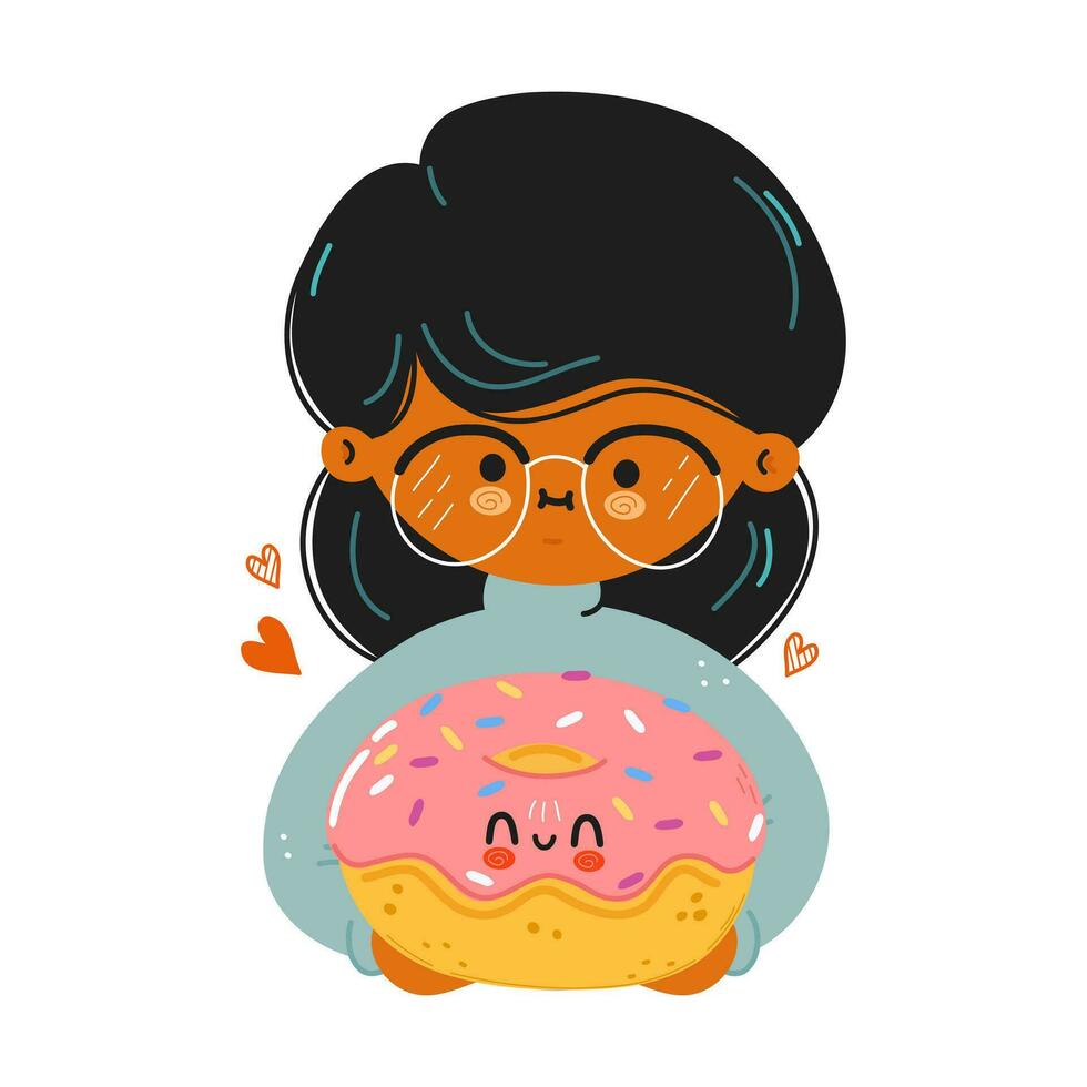 Young cute funny girl hold Donut in hand. Girl hugs cute Donut. Vector hand drawn doodle style cartoon character illustration icon design. Isolated on white background