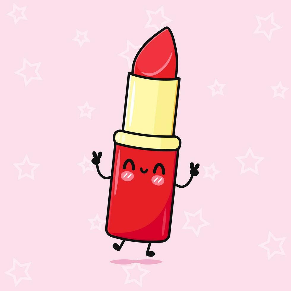 Jumping Red lipstick. Vector hand drawn cartoon kawaii character illustration icon. Isolated on pink background. Red lipstick character concept