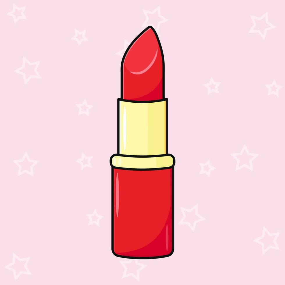 linda gracioso rojo lápiz labial. vector mano dibujado dibujos animados kawaii personaje ilustración icono. aislado en rosado antecedentes. rojo lápiz labial personaje concepto