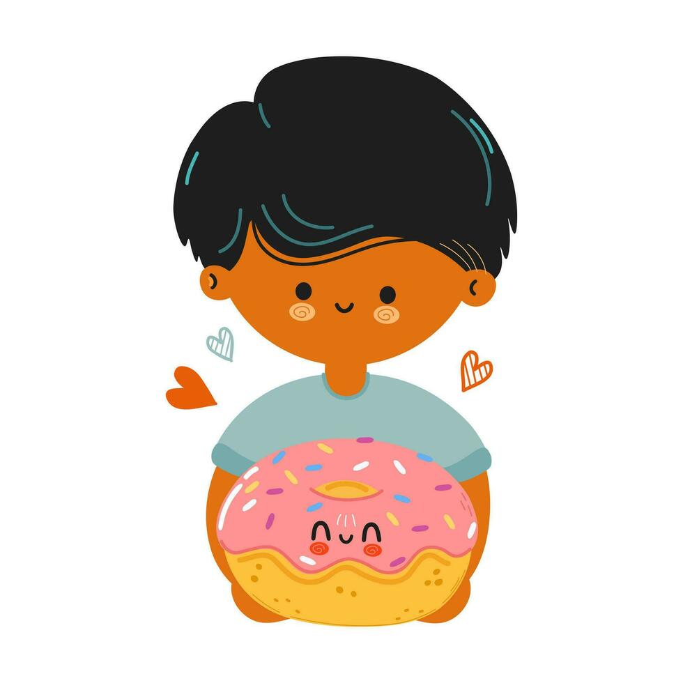 Young cute funny boy hold Donut in hand. Young boy hugs cute Donut. Vector hand drawn doodle style cartoon character illustration icon design. Isolated on white background