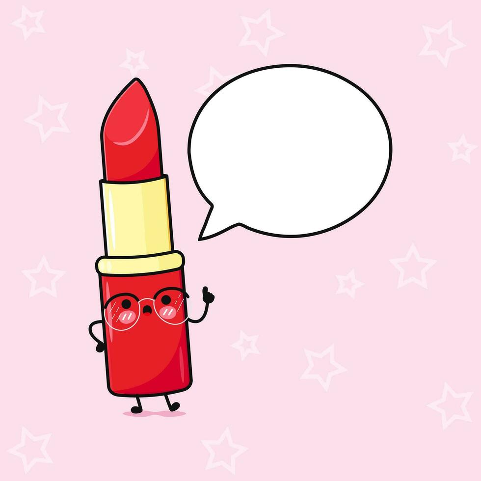 rojo lápiz labial con habla burbuja. vector mano dibujado dibujos animados kawaii personaje ilustración icono. aislado en rosado antecedentes. rojo lápiz labial personaje concepto