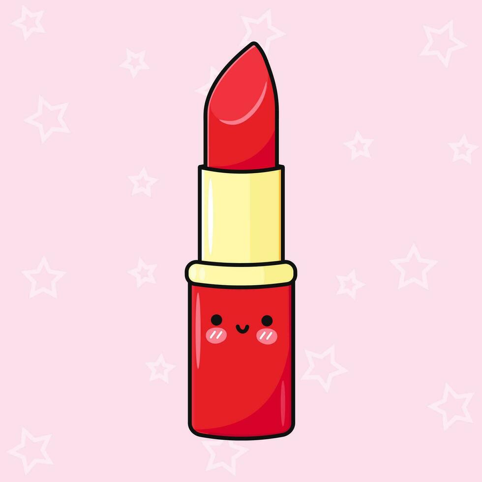 linda gracioso rojo lápiz labial. vector mano dibujado dibujos animados kawaii personaje ilustración icono. aislado en rosado antecedentes. rojo lápiz labial personaje concepto