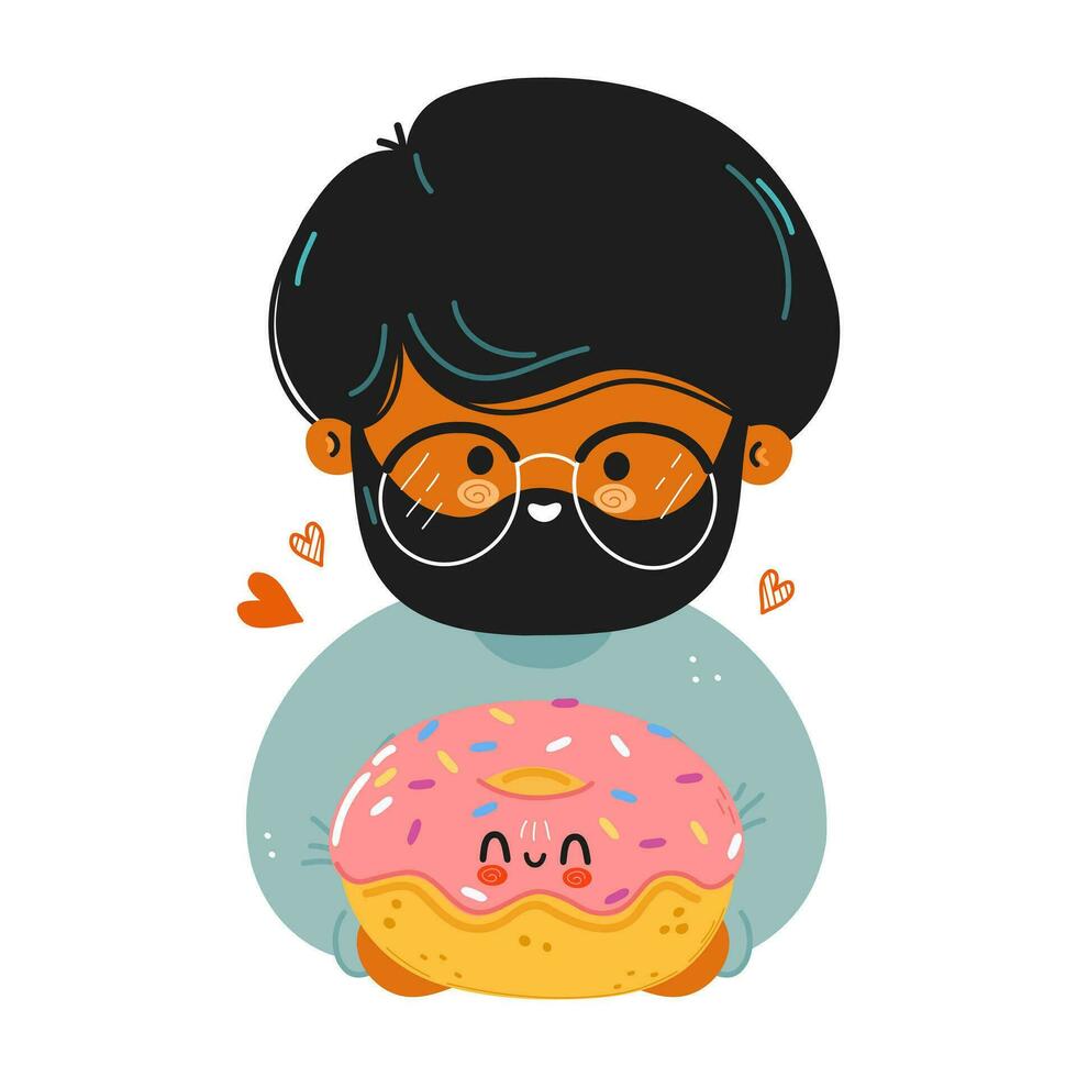 Young cute funny man hold Donut in hand. Young boy hugs cute Donut. Vector hand drawn doodle style cartoon character illustration icon design. Isolated on white background