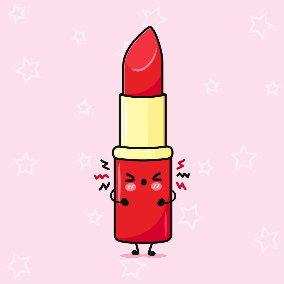 Angry Red lipstick character. Vector hand drawn cartoon kawaii character illustration icon. Isolated on pink background. Sad Red lipstick character concept