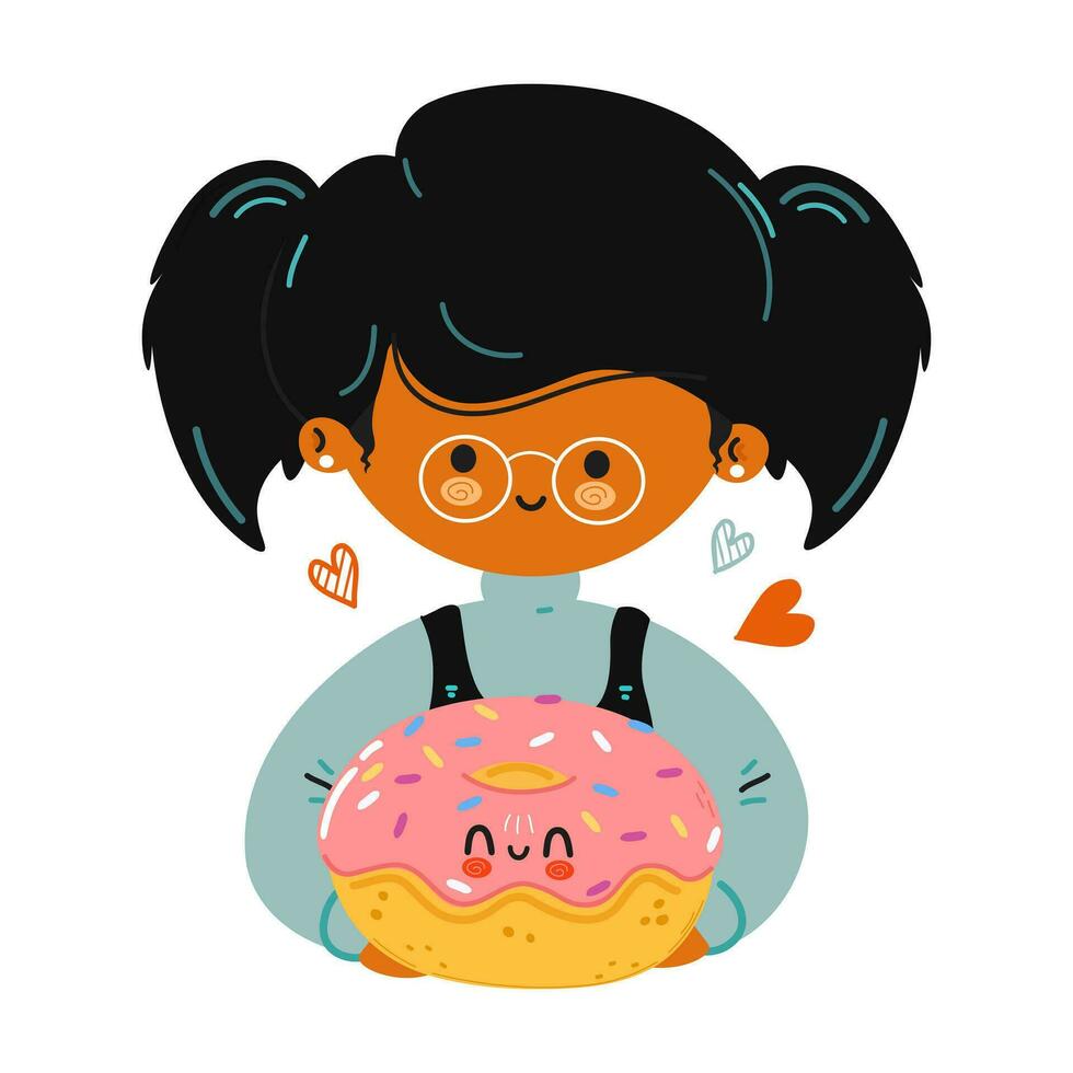 joven linda chica divertida sostenga donut en la mano. chica abraza donut lindo. diseño de icono de ilustración de personaje de dibujos animados de estilo de fideos dibujado a mano vectorial. aislado sobre fondo blanco vector