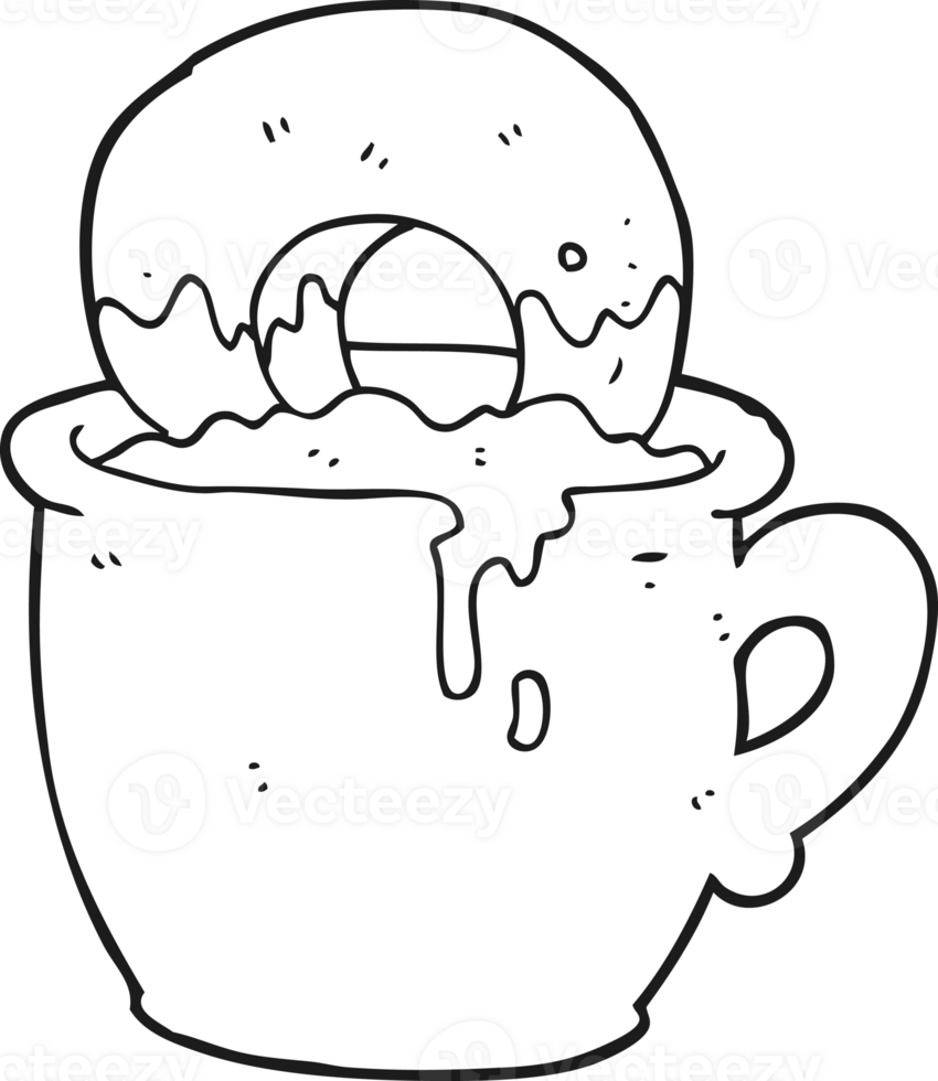 black and white cartoon donut dunked in coffee png