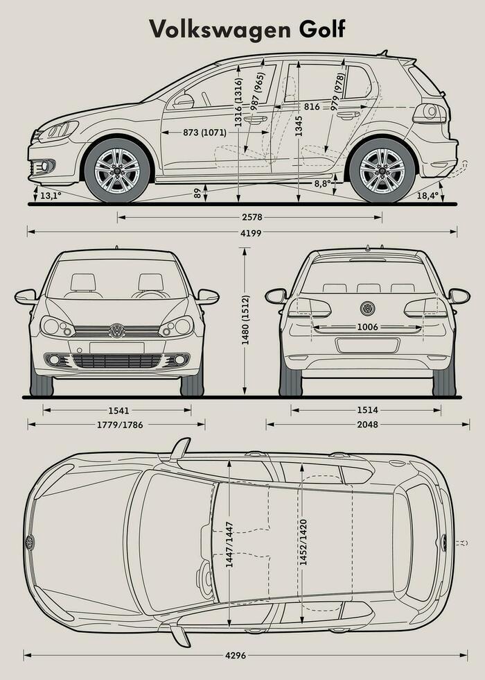 2010 VW Golf car blueprint vector