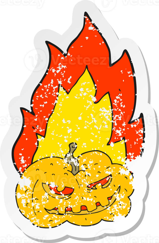 retro distressed sticker of a cartoon flaming halloween pumpkin png
