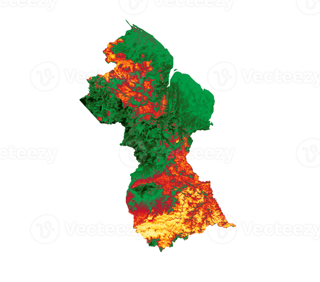 mapa de guyana con los colores de la bandera rojo verde y amarillo mapa en relieve sombreado ilustración 3d png