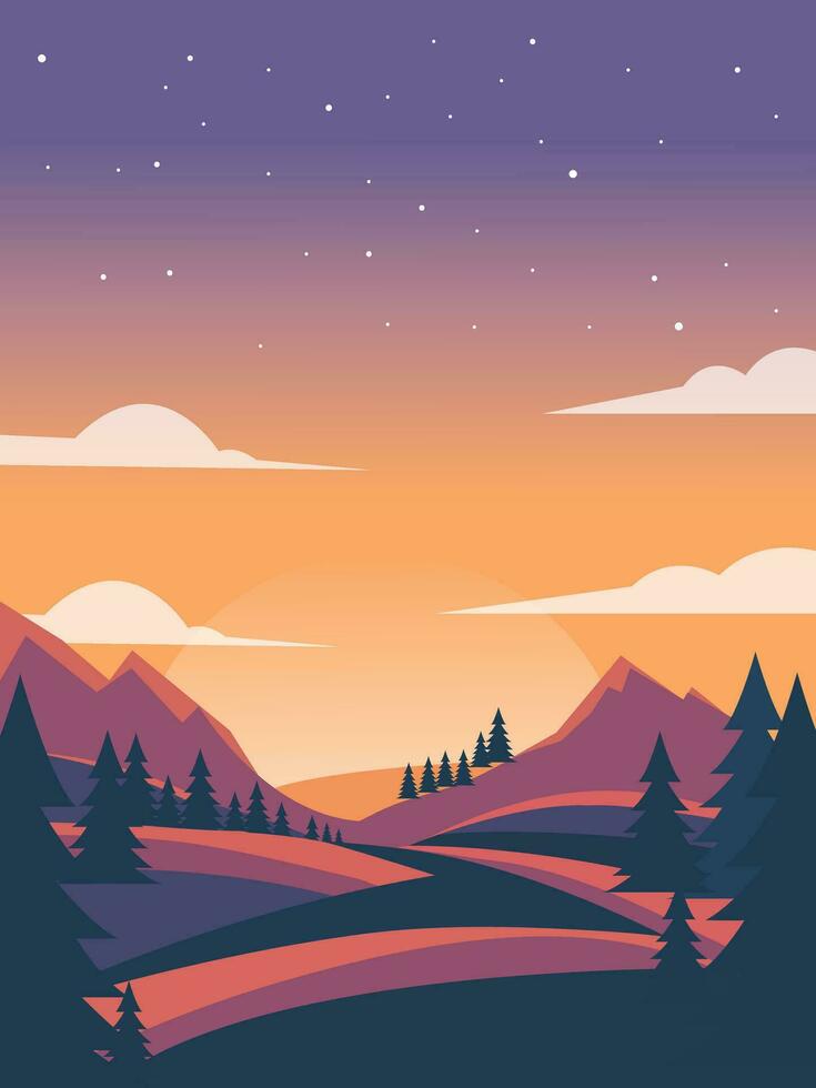 Mountain forest background landscape scenery illustration night sky vector