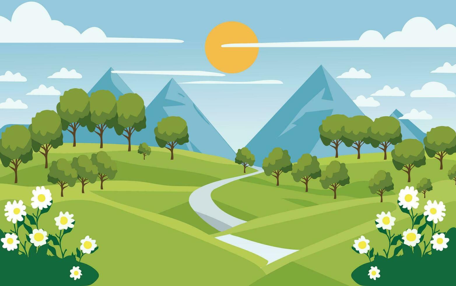 Lake mountain landscape panoramic cartoon adventure background illustration vector