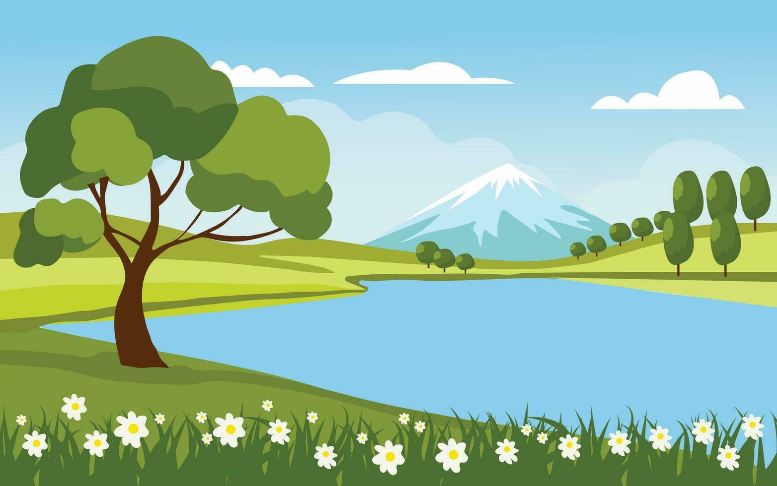 Lake mountain landscape panoramic cartoon adventure background illustration vector