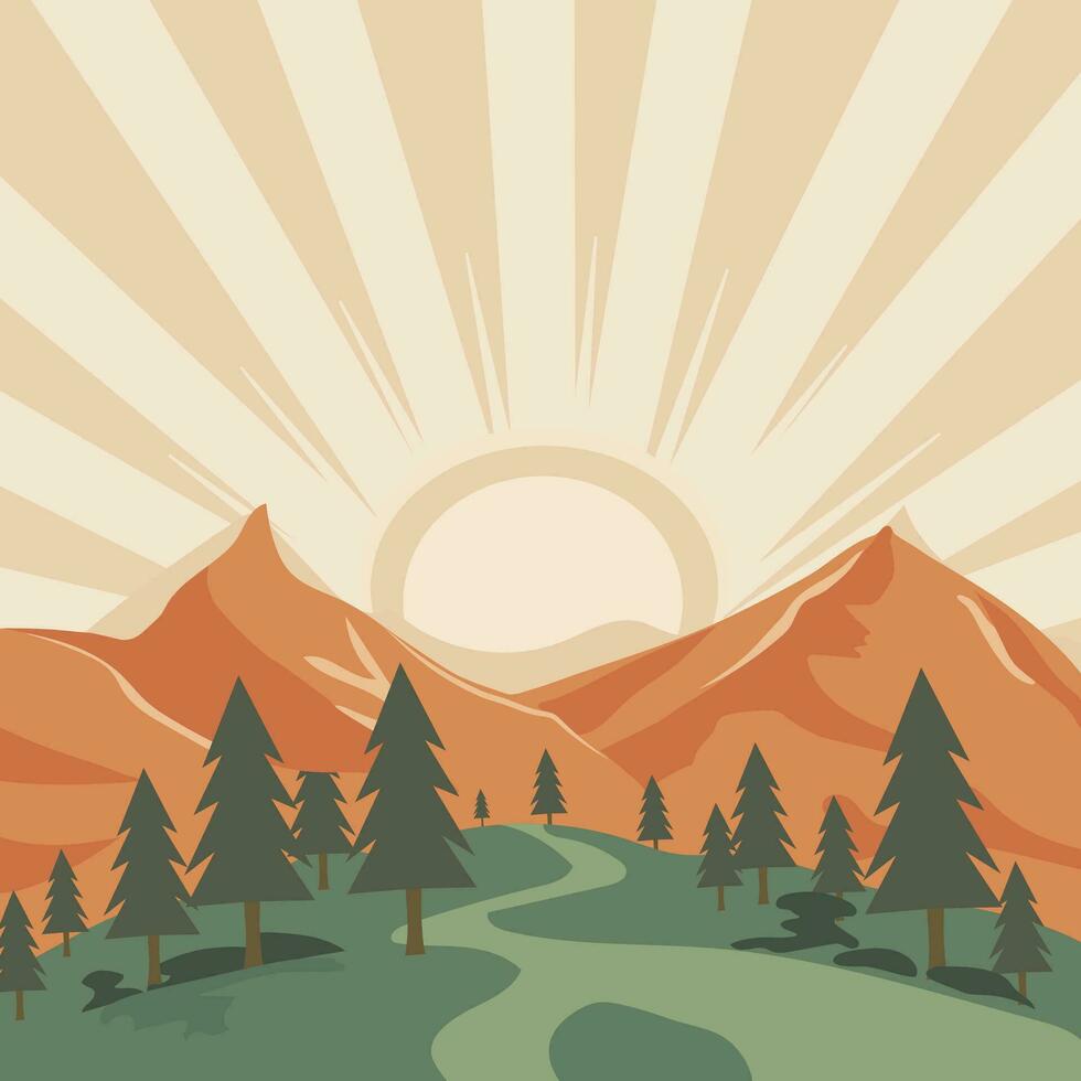 Lake mountain landscape panoramic cartoon adventure background illustration vector