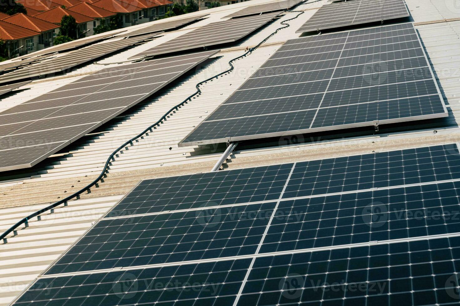 Solar cell farm power plant eco-technology. landscape of Solar cell panels in a photovoltaic power plant. concept of sustainable resources factory roof. photo