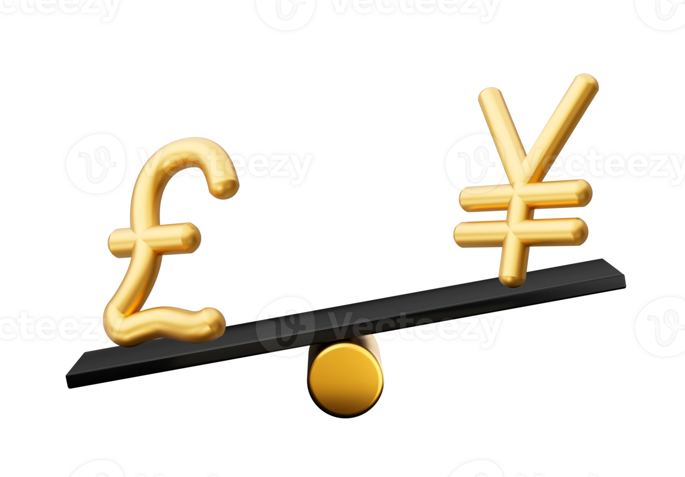 3d Golden Pound And Yen Symbol Icons With 3d Black Balance Weight Seesaw, 3d illustration png