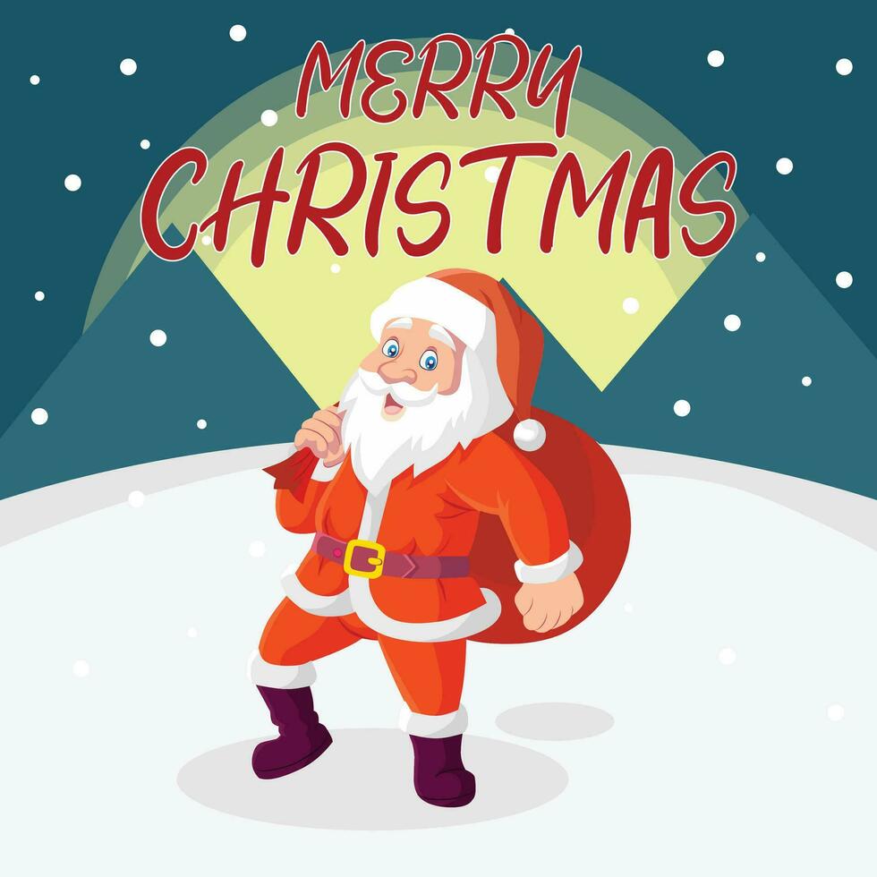 Illustration of Santa Claus smiling while carrying a gift bag at Snowy Christmas Night vector