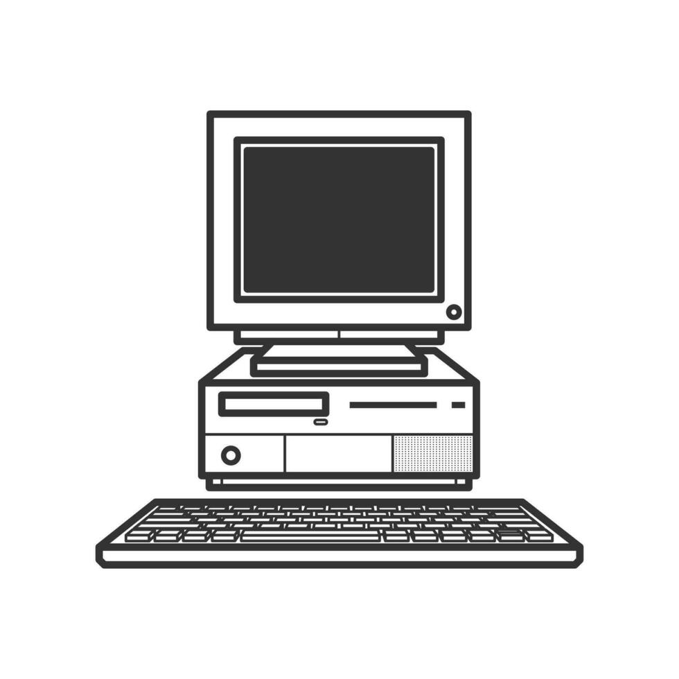 Front view of a realistic computer monitor CPU with a keyboard. Vector illustration isolated on light background.