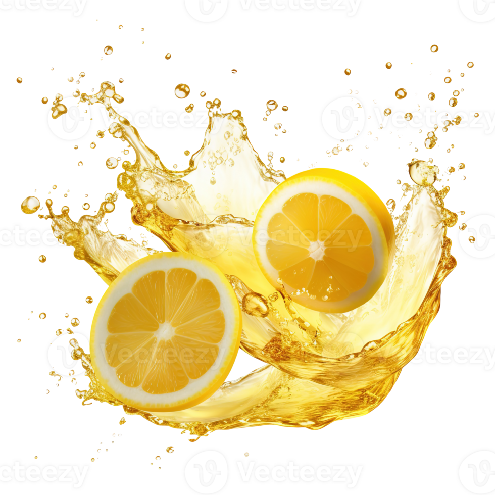 ai generato cattura il dinamico essenza di Limone succo spruzzi contro un' trasparente sfondo, con vivace giallo liquido turbinii e rinfrescante frutta gocce png