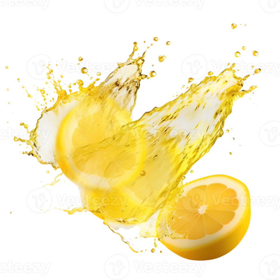AI generated Capturing the dynamic essence of lemon juice splashes against a transparent background, featuring vibrant yellow liquid swirls and refreshing fruit drops png