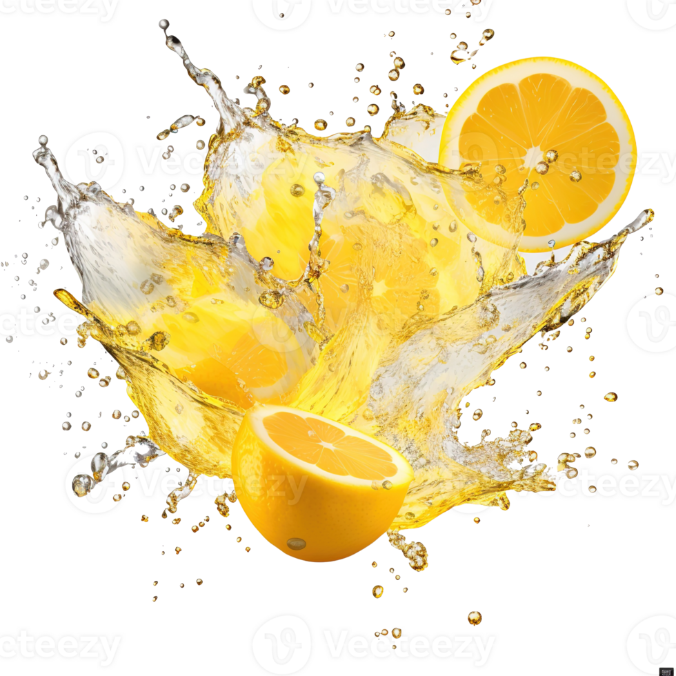 AI generated Capturing the dynamic essence of lemon juice splashes against a transparent background, featuring vibrant yellow liquid swirls and refreshing fruit drops png
