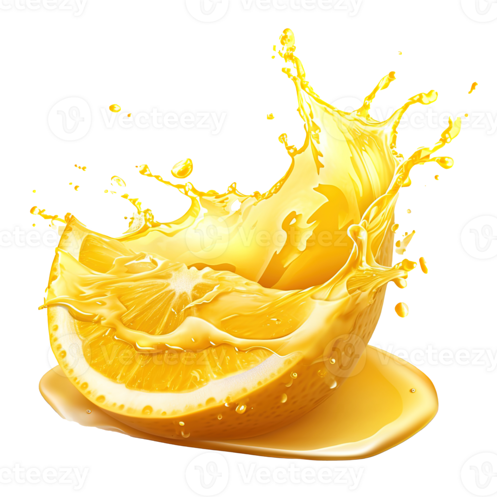 AI generated Capturing the dynamic essence of lemon juice splashes against a transparent background, featuring vibrant yellow liquid swirls and refreshing fruit drops png