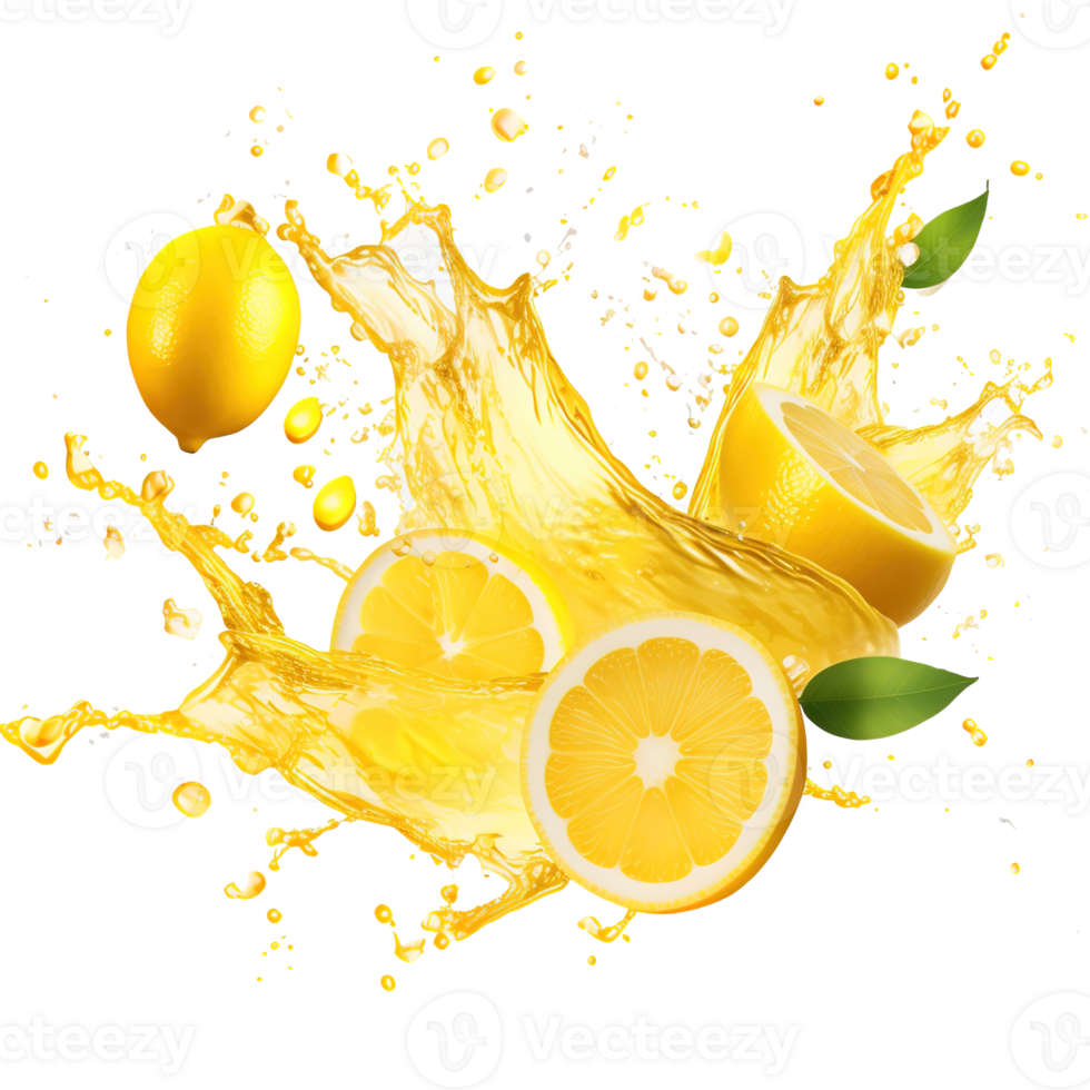 ai generato cattura il dinamico essenza di Limone succo spruzzi contro un' trasparente sfondo, con vivace giallo liquido turbinii e rinfrescante frutta gocce png